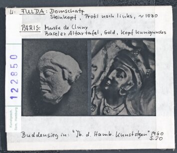 Vorschaubild Links: Fulda, Domschatz, Steinkopf, Profil nach links. Rechts: Paris, Musée de Cluny, Baseler Altartafel, Kopf Kunigundes Diasammlung